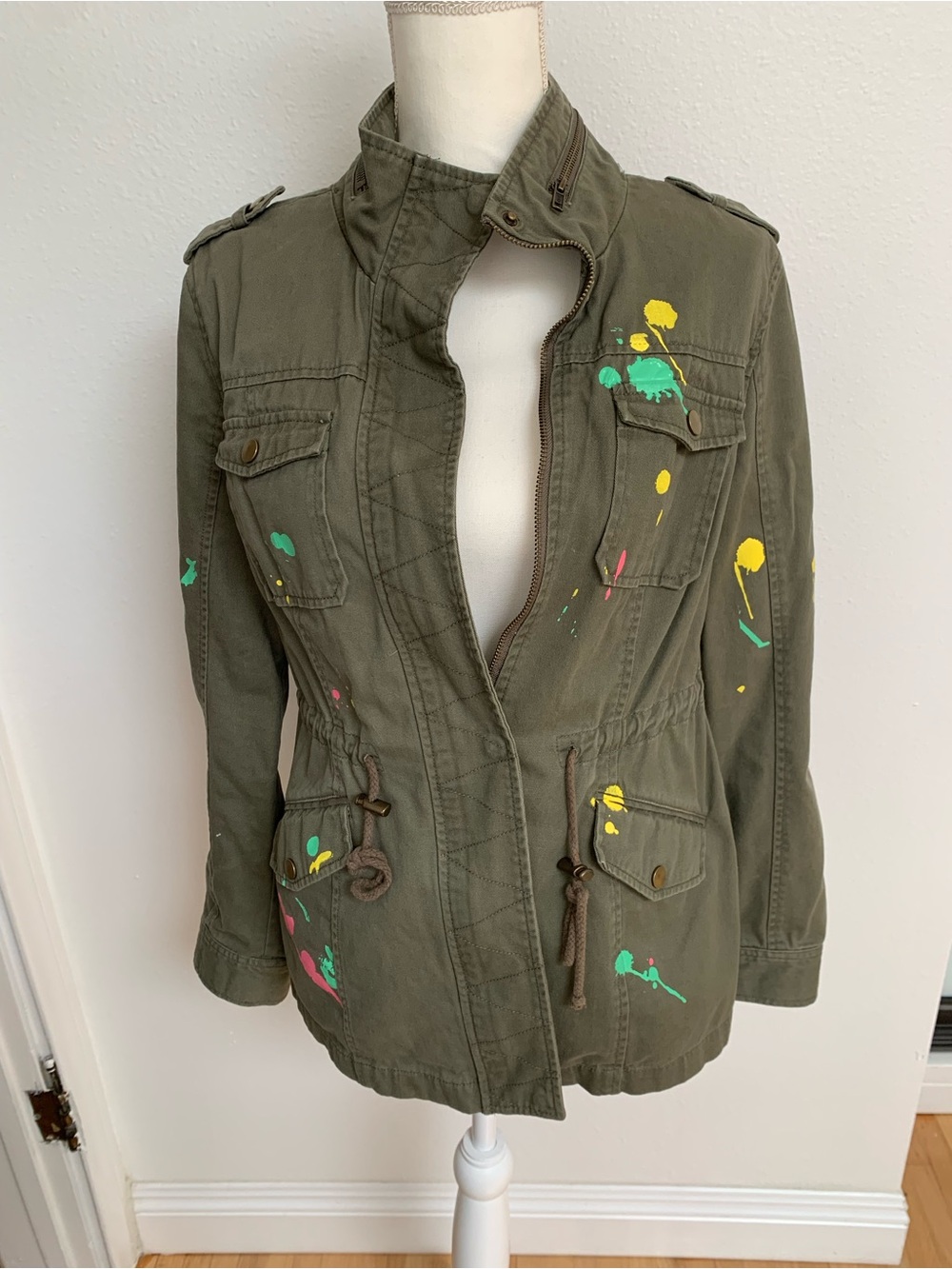 Sebby Olive Green Utility Jacket with Colorful Paint Splatters